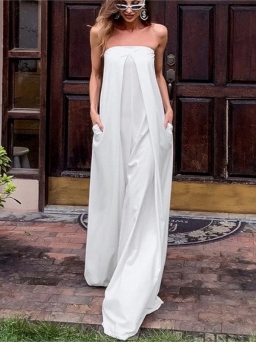 Zara Strapless Flowing White Wide-Leg Jumpsuit